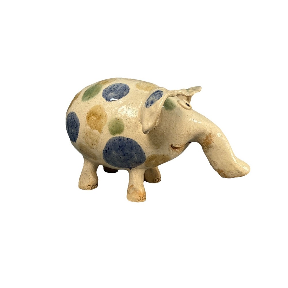 Handmade Pottery Elephant Coin Piggy Bank Folk Art Polka Dot Stoneware Decor Fat